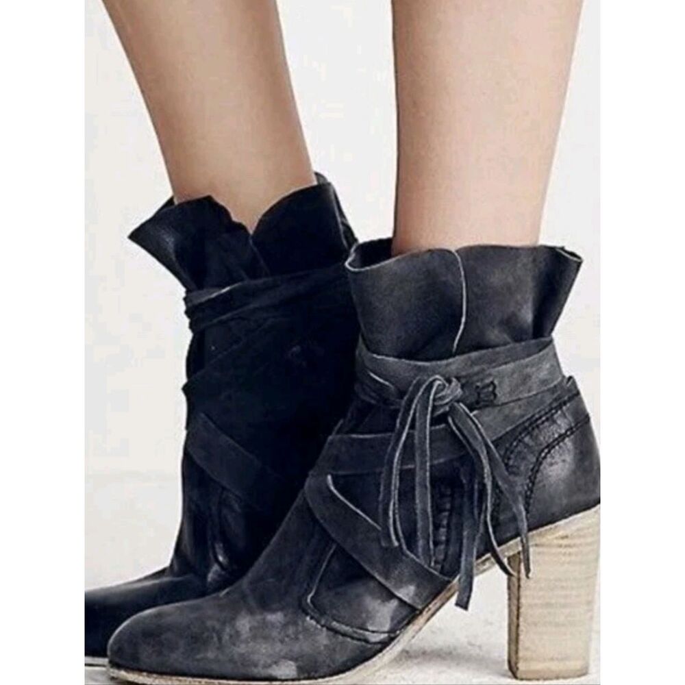 🐢 Free People Seven Wonders booties Size 39 EU Lthr  Dark Charcoal